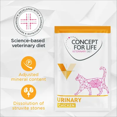 CONCEPT FOR LIFE VETERINARY DIET URINARY CHICKEN, dieta veterinaria con contenuto minerale regolato e supporto per la dissoluzione dei calcoli di struvite. Testo in inglese.
