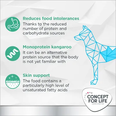 Testo in inglese: Reduces food intolerances, Monoprotein kangaroo, Skin support. Concept for Life Caring Every Day.