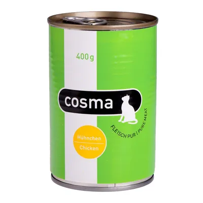 Lata de 400 g de comida para gatos cosma, sabor pollo. Texto visible: 'Fleisch pur / Pure meat', 'Hühnchen / Chicken'. Envase verde con logotipo de gato.