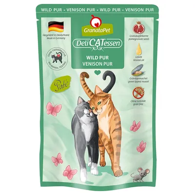 GranataPet DeliCATessen Wild Pur. Hergestellt in Deutschland, ohne Tierversuche, mit Granatapfelkernen, Leinöl, Grünlippmuschel, ohne Getreide. Paté für Katzen.