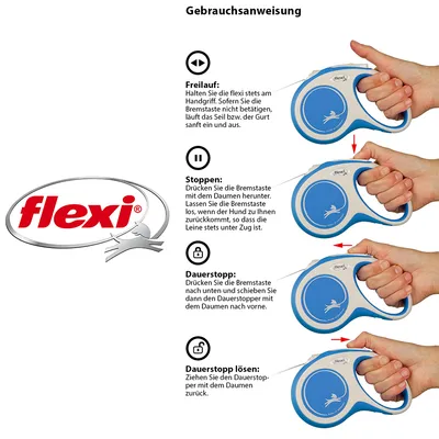 Bruksanvisning för Flexi hundkoppel: friläge, stopp, permanentstopp och upplåsning av permanentstopp. Instruktionen visar tumpositioner för bromsknapp och permanentstopp.