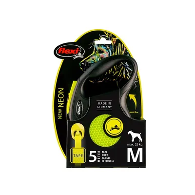 Smycz Flexi New Neon, taśma 5 m, rozmiar M, dla psa do 25 kg, kolor czarno-żółty, napis Made in Germany widoczny na opakowaniu.