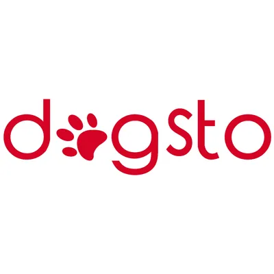 dogsto. Markenname mit roter Pfote als Teil des Schriftzugs.