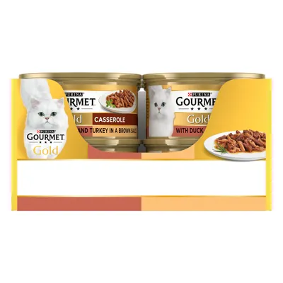 Two tins labelled casserole and with duck, shown in a yellow tray with images of shredded food on a plate. Product names visible: casserole, with duck.
