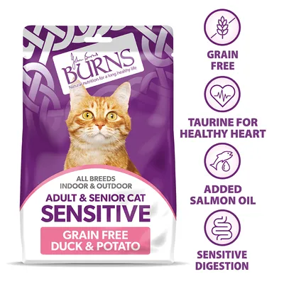 Adult and senior cat food, grain free duck and potato, for all breeds indoor and outdoor. Features: grain free, taurine for healthy heart, added salmon oil, sensitive digestion.