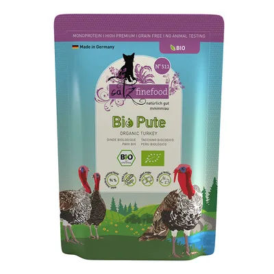 catz finefood Bio Pute, BIO, Made in Germany, 94 % hús, gabonamentes, hozzáadott cukor nélkül, EU-bio tanúsítvány, pulyka képekkel a csomagoláson