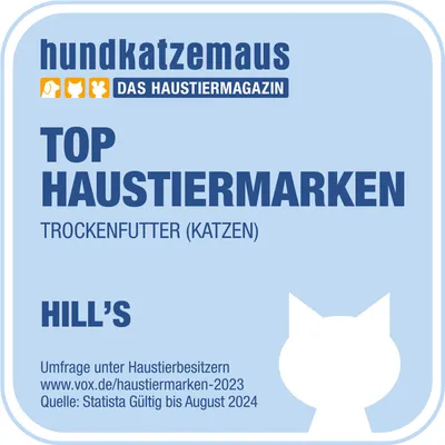 hundkatzemaus DAS HAUSTIERMAGAZIN TOP HAUSTIERMARKEN TROCKENFUTTER (KATZEN) HILL'S. Umfrage unter Haustierbesitzern, www.vox.de/haustiermarken-2023, Quelle: Statista Gültig bis August 2024.