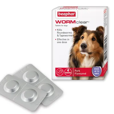 Worming tablets, pork flavoured, kills roundworms and tapeworms, effective in one dose, 4 tablets for dogs up to 40kg shown on packaging with two blister packs visible.