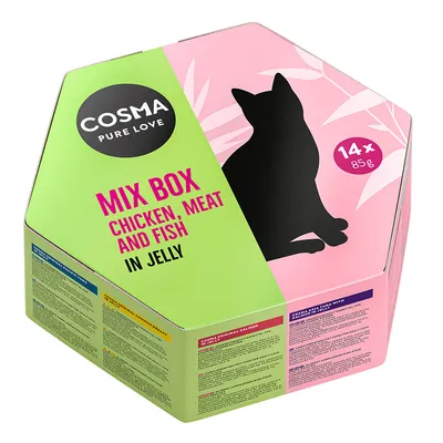 Boîte Cosma Pure Love Mix Box, 14 x 85 g, chicken, meat and fish in jelly. Silhouette de chat noir sur l’emballage hexagonal, textes en anglais visibles.