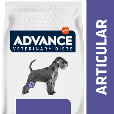Advance Veterinary Diets Articular affinity, opakowanie z wizerunkiem psa i fioletowym oznaczeniem na tylnej łapie. Widoczny napis ARTICULAR po prawej stronie.