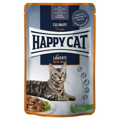 Confezione di cibo per gatti Happy Cat Culinary 1+ years, LandENTE farm duck. Testo visibile: senza conservanti, anche per gatti sterilizzati, All in One, Natural Life Concept.
