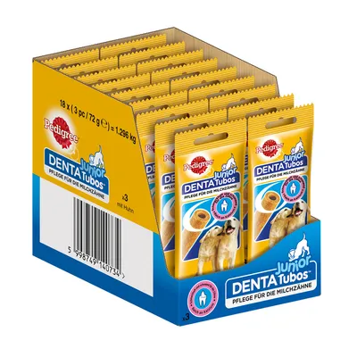 Pedigree Junior Denta Tubos, 18 packs of 3 sticks, 72g each, total 1.296kg. Visible text: Pflege für die Milchzähne, mit Huhn. Packaging shows dog image and tooth care symbol.