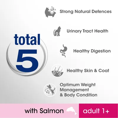 total 5, Strong Natural Defences, Urinary Tract Health, Healthy Digestion, Healthy Skin & Coat, Optimum Weight Management & Body Condition, with Salmon, adult 1+