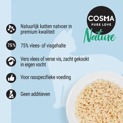 COSMA Pure Love Nature. Natuurlijk katten natvoer, premium kwaliteit, 75% vlees- of visgehalte, vers vlees of vis zacht gekookt in eigen vocht, rasspecifiek, geen additieven.