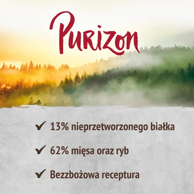 Purizon. 13% nieprzetworzonego białka, 62% mięsa oraz ryb, bezzbożowa receptura