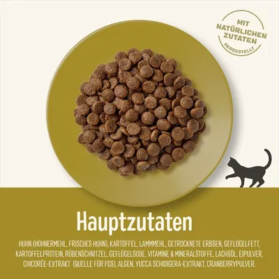 Hauptzutaten: Huhn, Kartoffeln, Lammmehl, Erbsen, Geflügelfett, Kartoffelprotein, Rübenschnitzel, Vitamine & Mineralstoffe, Lachsöl, Chicorée-Extrakt, Algen, Yucca Schidigera, Cranberrypulver.