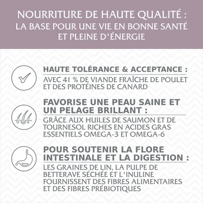 Nourriture de haute qualité : 41 % viande fraîche de poulet, protéines de canard, huiles de saumon et tournesol, graines de lin, pulpe de betterave, inuline, fibres alimentaires et prébiotiques.