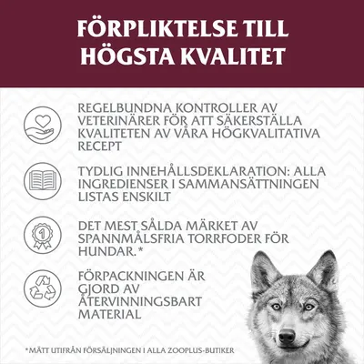 Förpliktelse till högsta kvalitet: regelbundna veterinärkontroller, tydlig innehållsdeklaration, mest sålda spannmålsfria torrfodermärket för hundar, återvinningsbar förpackning.