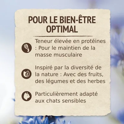 POUR LE BIEN-ÊTRE OPTIMAL : Teneur élevée en protéines pour le maintien de la masse musculaire, inspiré par la diversité de la nature avec fruits, légumes et herbes, adapté aux chats sensibles.