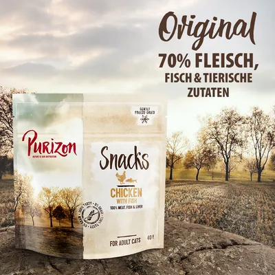 Purizon Snacks Chicken with Fish, 70% Fleisch, Fisch & tierische Zutaten, sanft gefriergetrocknet, für erwachsene Katzen, 40g Packung.
