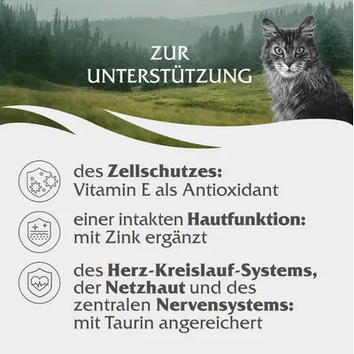 Zur Unterstützung des Zellschutzes mit Vitamin E, der Hautfunktion mit Zink und des Herz-Kreislauf-Systems, Netzhaut und Nervensystems mit Taurin angereichert.