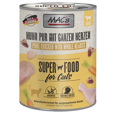 MAC's pollo puro con cuori interi, super food per gatti, Made in Germany, senza cereali, alto contenuto di carne, alimento completo per gatti adulti.
