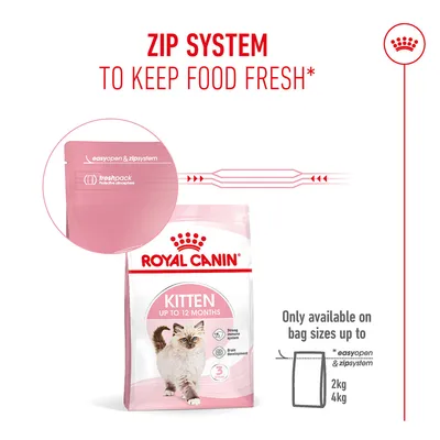 Royal Canin Kitten dry food with zip system for freshness, easy open & zip system, fresh pack. Only available with 2, kg and 4, kg bags.