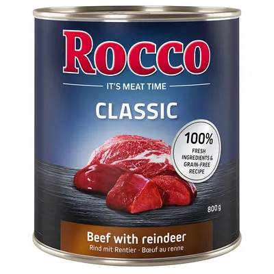 Rocco Classic Rind mit Rentier, 800g Dose. 100% frische Zutaten und getreidefreie Rezeptur.