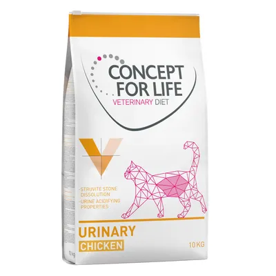 Saco de 10 kg de Concept for Life Veterinary Diet Urinary Chicken para gatos. Texto visible: 'Struvite stone dissolution', 'urine acidifying properties'. Imagen de un gato geométrico rosa.