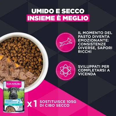 Eukanuba cibo umido e crocchette combinati. 1 lattina sostituisce 105 g di crocchette. Diverse consistenze, sapore ricco, i prodotti si completano a vicenda.