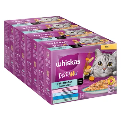 Whiskas Tasty Mix Fish of the Day, 12 Portionsbeutel in Sauce. Neu. Mit Lachs und Gemüse, Weissfisch und Karotte, Makrele und grüne Bohnen.