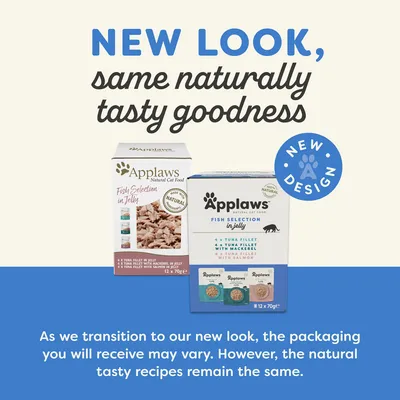 Applaws Fish Selection in Jelly – starý a nový obal, text: NEW LOOK, same naturally tasty goodness, NEW DESIGN. Balení se může lišit, receptura zůstává stejná.