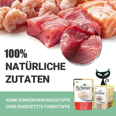 100% natürliche Zutaten. Keine Konservierungsstoffe oder zugesetzte Farbstoffe. Schesir Katzenfutter mit Huhn in Gelee, mehrere Packungen sichtbar.