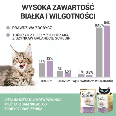 Porównanie składu: prawdziwa zdobycz vs. tuńczyk z filety z kurczaka z szynką w galarecie Schesir. Białko 11%/13%, tłuszcz 3%/1,5%, węglowodany 1%/0,8%, wilgotność 83,5%/84%.