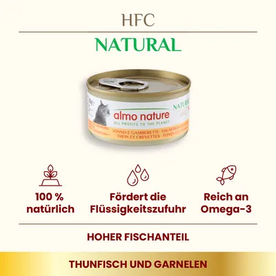 Almo Nature HFC Natural Thunfisch und Garnelen. 100% natürlich, fördert die Flüssigkeitszufuhr, reich an Omega-3, hoher Fischanteil.