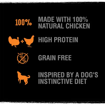 Teksti englanniksi: Made with 100% natural chicken, high protein, grain free, inspired by a dog's instinctive diet.