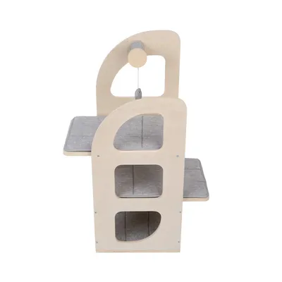 Wooden cat furniture with three levels, grey padded surfaces and integrated toy on a string.