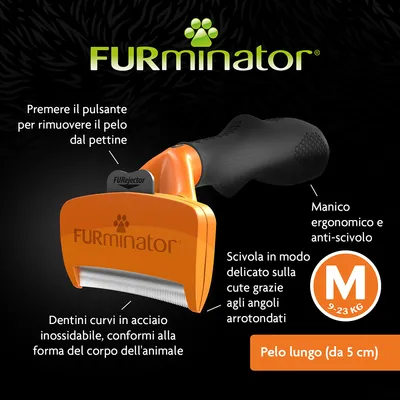 FURminator, spazzola con dentini curvi in acciaio inox, manico ergonomico e anti-scivolo, per pelo lungo (da 5 cm), taglia M 9–23 kg. Testo: premere il pulsante per rimuovere il pelo dal pettine.