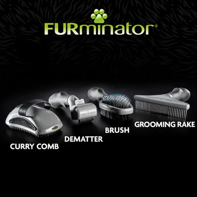 FURminator márkájú ápolóeszközök: curry comb, dematter, brush, grooming rake felirattal, mind a négy eszköz egymás mellett látható fekete háttéren.