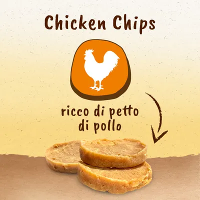 Chicken Chips, ricco di petto di pollo. Tre snack rotondi visibili in primo piano.