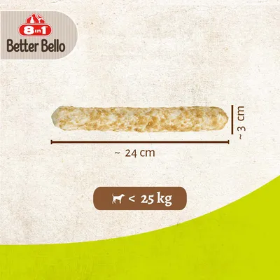 8in1 Better Bello, stick per cani di circa 24 cm x 3 cm, indicato per cani di peso inferiore a 25 kg, come mostrato nell'immagine.