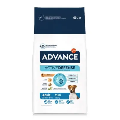 ADVANCE Active Defense Adult Mini hondenvoer, 7 kg zak. Met prebiotica, probiotica, vezels. Voor volwassen honden 1–10 kg. Afbeelding van kleine hond op de verpakking.