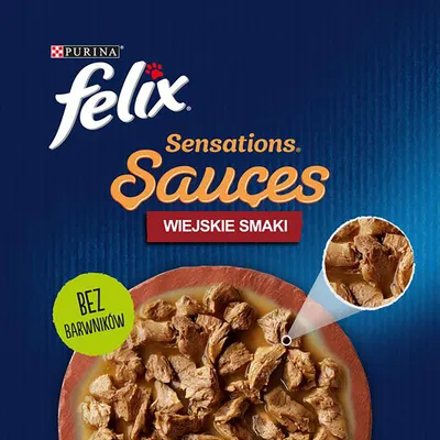 Purina Felix Sensations Sauces Wiejskie Smaki, bez barwników. Widoczne kawałki karmy w sosie w misce.
