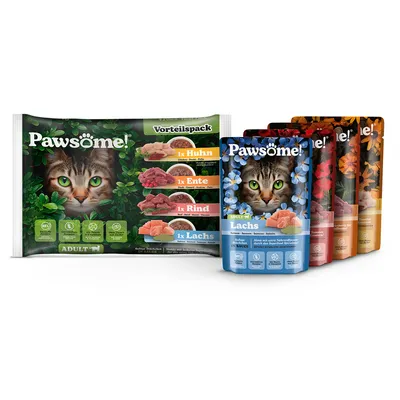 Pawsome! Выгодная упаковка для кошек, виды: курица, утка, говядина, лосось. Влажный корм в соусе с натуральными ингредиентами. На упаковке изображена кошка и состав.