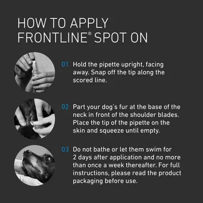 Instructions for applying Frontline Spot On: hold pipette upright and snap tip, part fur at neck and apply to skin, avoid bathing or swimming for 2 days after use. Read packaging for details.