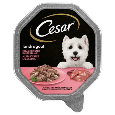 Cesar landragout, mit zartem Kalb und Truthahn, confezione con immagine di bocconcini di carne e fettine su piatto rosa. Testo in tedesco, francese e inglese visibile.