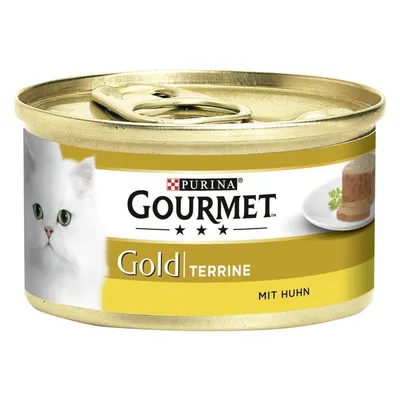 Консерва Purina Gourmet Gold Terrine для кошек, надпись MIT HUHN, изображение белой кошки и террина на тарелке на упаковке.