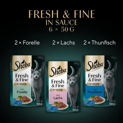 Sheba Fresh & Fine in Sauce, 6 x 50g. Sorten: 2x Forelle, 2x Lachs, 2x Thunfisch. MSC-zertifiziert.