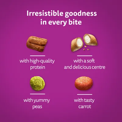 Product features: high-quality protein, soft and delicious centre, yummy peas, tasty carrot. Text reads 'Irresistible goodness in every bite'.