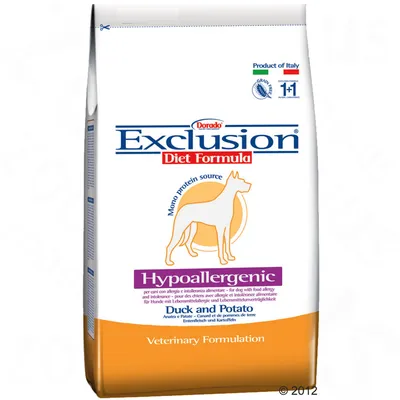 Dorado Exclusion Diet Formula Hypoallergenic Duck and Potato, mono protein source, Veterinary Formulation. Produkt från Italien. Text på engelska synlig på förpackningen.